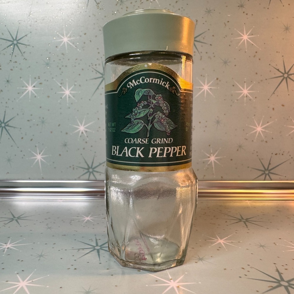Vintage McCormick Coarse Black Pepper Jar Green Label and Lid Glass Spice Bottle